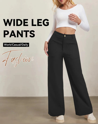 Women's Plain Pocket Button Front Wide Leg Pants, Casual High Waist Trousers for Daily Wear, Ladies Bottoms for All Seasons