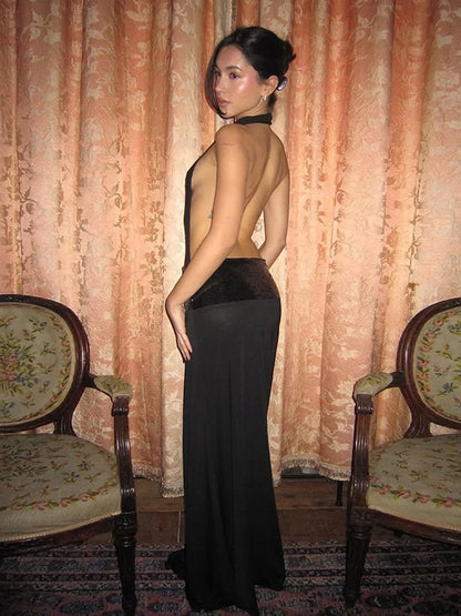 Sisterlinda Backless Fashion Dresses Elegant Halter Patchwork Draped Maxi Bodycon Female Solid Simple Evening Party Frock New