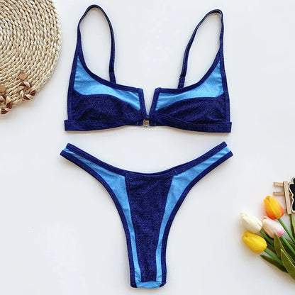 Splicing Denim V Shaped Thong Bikini Women Swimsuit Female Swimwear Two Pieces Bikini Set Bather Push Up Bathing Suit Swim Lady