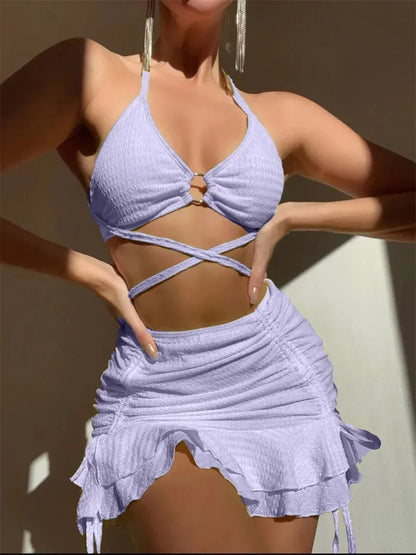 Sexy Yellow Bikini Women Solid Halter Ring Linked Criss Cross Cover Up 3 Piece Swimsuit 2025 Bathing Suit Ruffles Skirt Swimwear