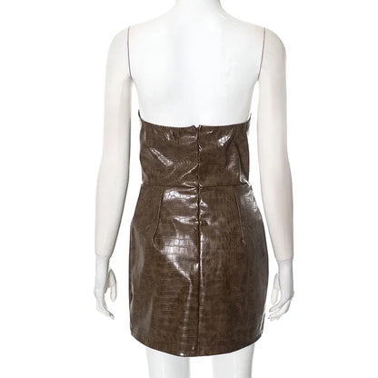 Luxury Leather Strapless Short Dress Chic Womens Summer Sexy Party Waist Curvy Dresses 2025 Evening Red Green Brown Y2K Cocktail