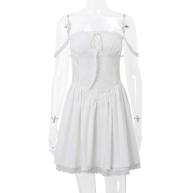 Sexy Lace Floral Corset Short Dress Elegant Women's White Yellow Sundress Female High Waist Mini Sun Dresses Summer 2025 New In