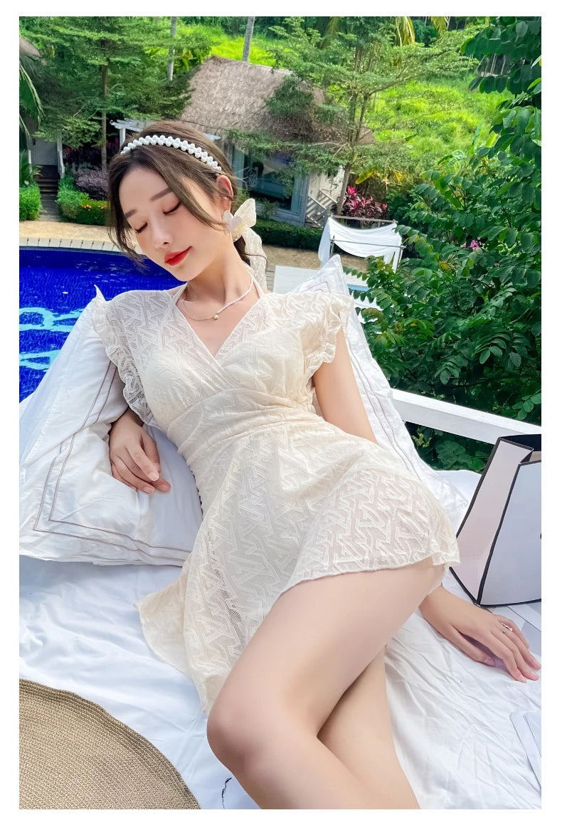 Ele Lace One-Piece Swimsuit Women's High Waist Brief Svel Slimming Thermal Bathing Suit Casual  Color Swimwear