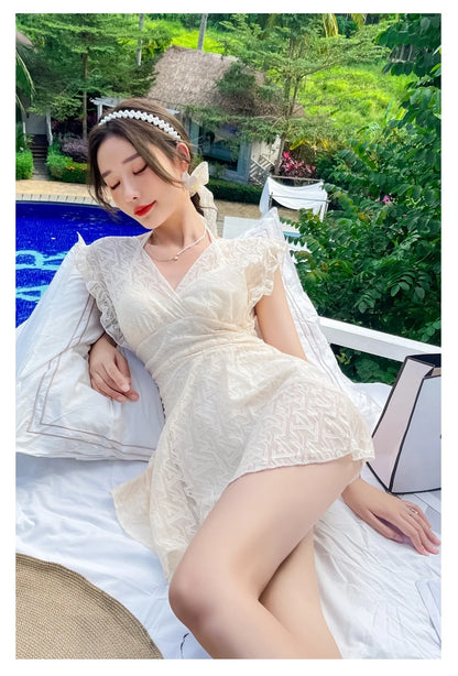 Ele Lace One-Piece Swimsuit Women's High Waist Brief Svel Slimming Thermal Bathing Suit Casual  Color Swimwear