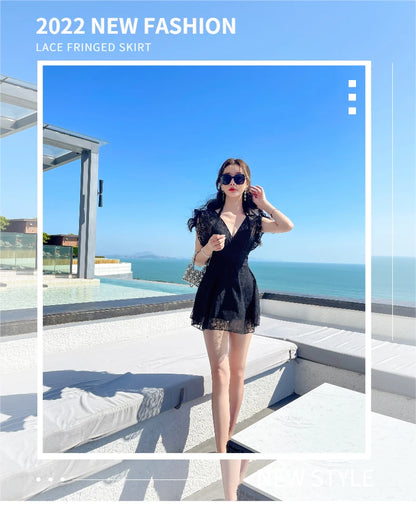 Ele Lace One-Piece Swimsuit Women's High Waist Brief Svel Slimming Thermal Bathing Suit Casual  Color Swimwear