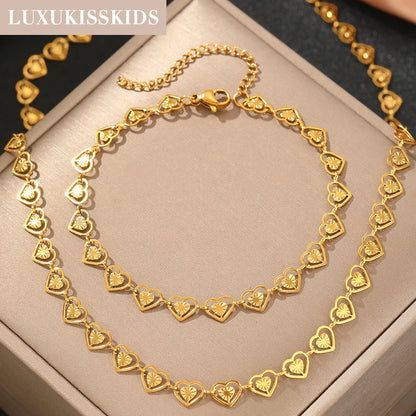 LUXUKISSKIDS Fashion Cubic Love Heart Minimalist Jewelry Set Necklace Earrings Bracelets Stainless Steel Women/Girls Accesories