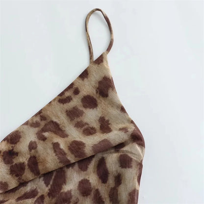 MUJER Leopard Print Tulle Slip Dress Woman Backless Summer Long Dresses For Women Vintage Sexy Party Dresses Midi Holiday Dress