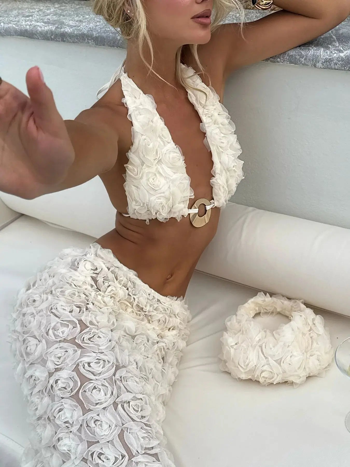 3D Flower Bikini Swimsuit with Skirt Halter Swimwear Women Brazilian Bikini 3 Pcs Bathing Suit A Line Skirt Summer Female