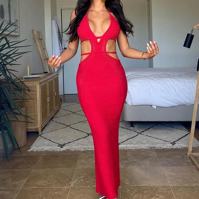 Sexy Style Hollow Out Backless Tie Up Dress Women Beach Vacation Beachwear Cover Up Knitting Sun Bathing Sunscreen Long Dress