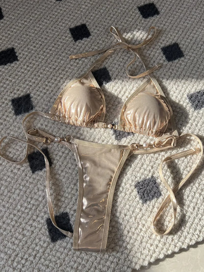 Shiny Pink Micro Bikini 2025 Mujer Women Sexy PU Pearls Push Up Thong Swimsuit Summer Bathing Suit Bandage Holiday Swimwear