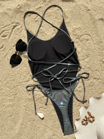 sexy glitter solid silver black backless swimsuit one piece bikini thong swimwear bodysuits women biquini bathing suits tankini