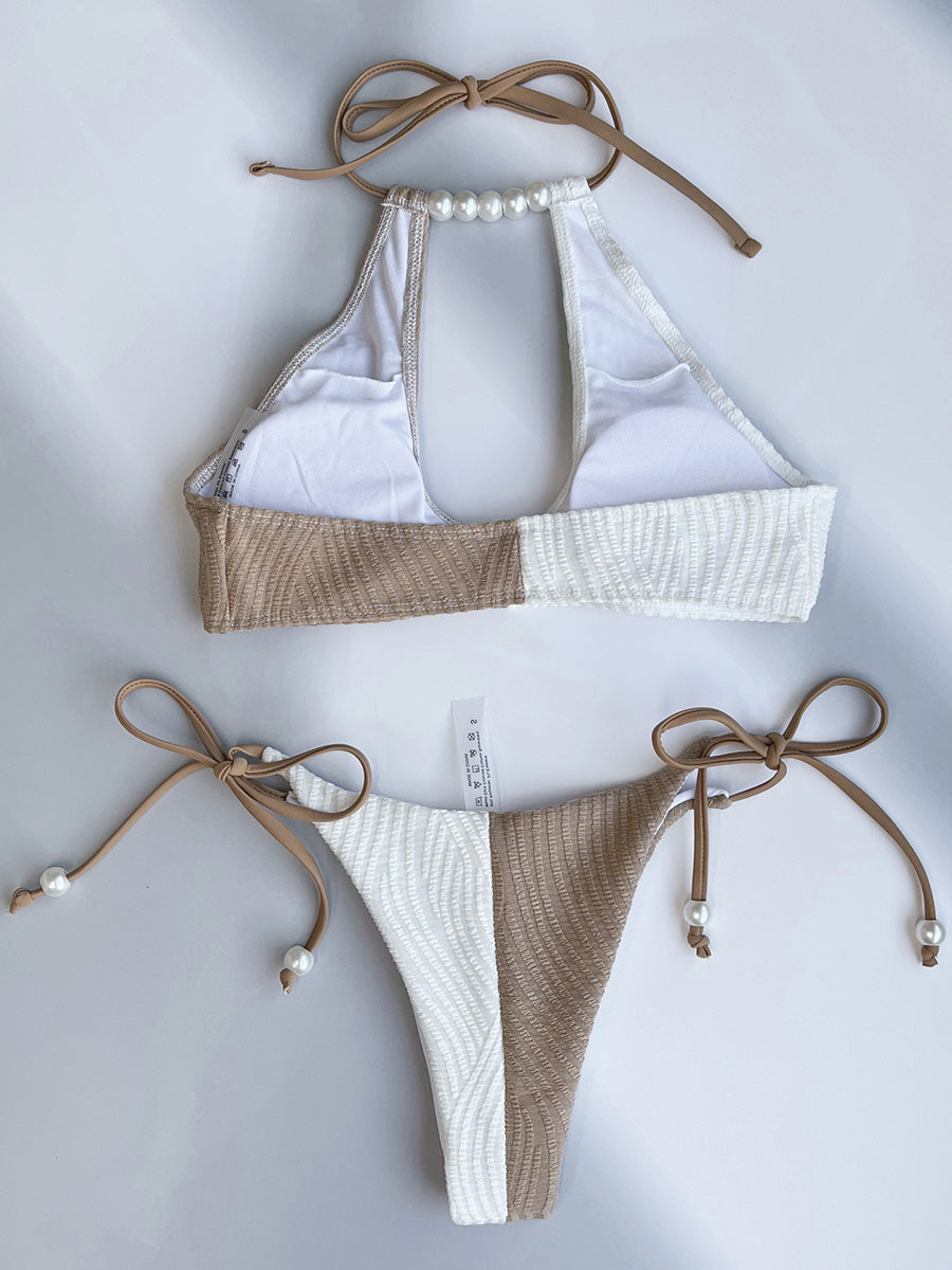 XS - L Splicing Halter Hollow Out Ribbed Bikini Female Swimsuit Women Swimwear Two-pieces Bikini Set Pearls Bathing Suit Swim