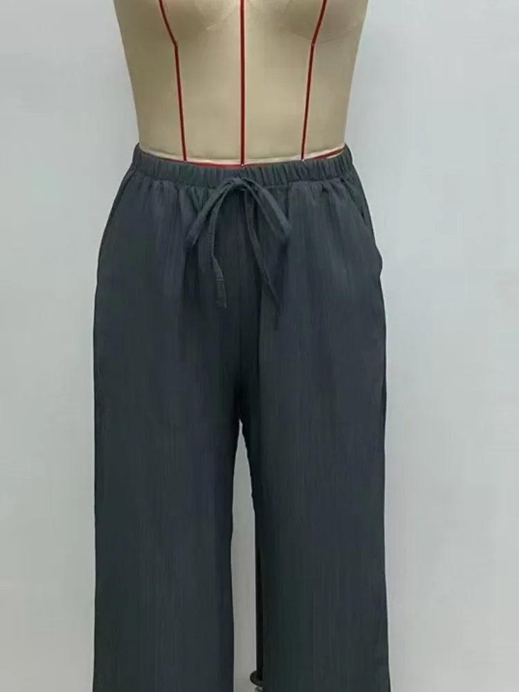 Summer 2025 Women's Casual Solid Color Texture Fabric Waist Belted Side Pocket Wide Leg Pants New Cross-Border Style