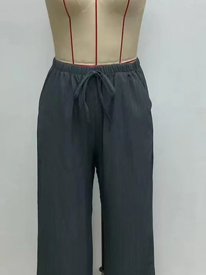 Summer 2025 Women's Casual Solid Color Texture Fabric Waist Belted Side Pocket Wide Leg Pants New Cross-Border Style