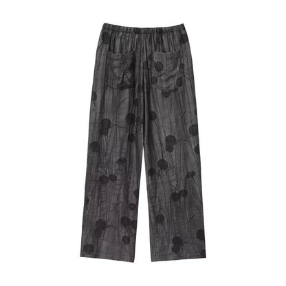 Women Print Long Pants Sets For Women Lapel Half Sleeve Single Breasted Shirts + High Waist Lace-Up Wide Leg Pants