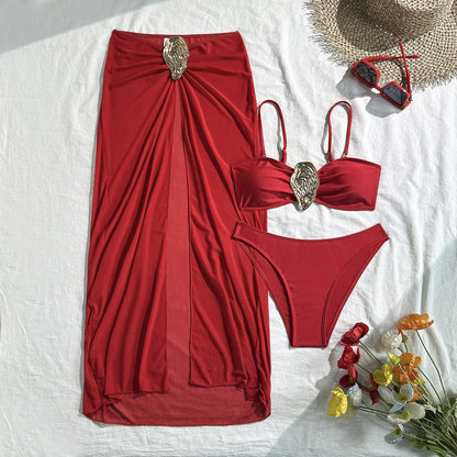 Vintage White Swimsuit Women Metal Oyster Buckle Push Up Mesh Long Skirt 3 Piece Bikini Set 2025 Holiday Bathing Suit Swimwear