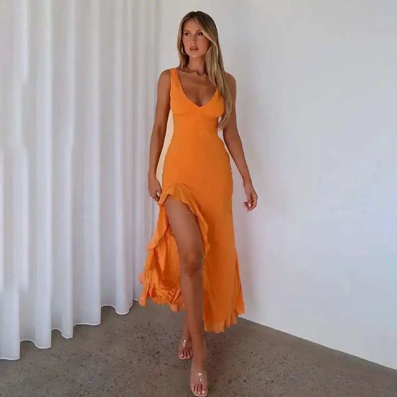 Avrilyaan Ruffle High Split Sexy Dress Women 2024 Robes Elegant Evening Summer Dress Backless Party Long Midi Dress Vestidos