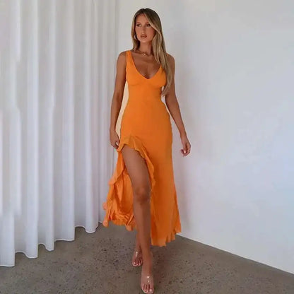 Avrilyaan Ruffle High Split Sexy Dress Women 2024 Robes Elegant Evening Summer Dress Backless Party Long Midi Dress Vestidos