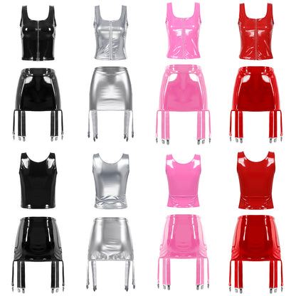 Womens Wet Look Patent Leather Lingerie Two Piece Set U Neck Zipper Tank Top with High Waist Garter Skirt Club Party Costume