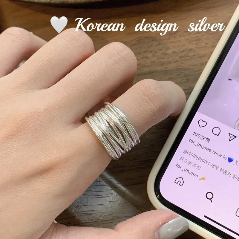 VENTFILLE 925 Sterling Silver Rings INS Fashion Hip Hop Vintage Couples Hollow Lines Punk Thai Silver Party Adjustable  Jewelry