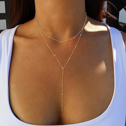 Fashion Gold Color Y-Shaped Pendant Necklaces For Women Girls Luxury Cubic Zirconia Long Tassel Dangle Choker Jewelry Gift