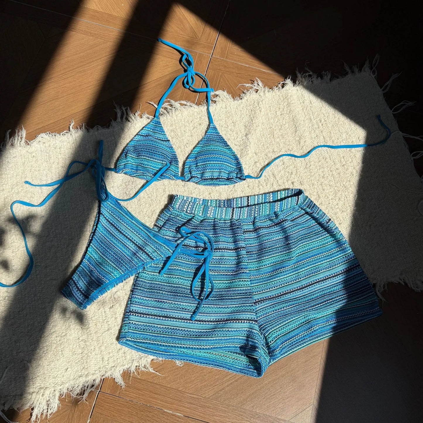 sexy knitted striped halter tie bikinis sets three pieces with shorts swimsuits beachwear bathing suit swimwear biquini tankini