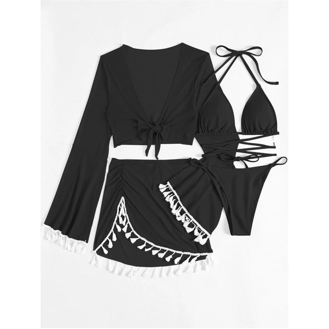 S - XL With Tassel Skirt Long Sleeve Bikini Women Swimwear Female Swimsuit Four-pieces Bikini set Bather Bathing Suit Swim V7060