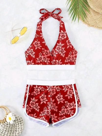 2025 Halter Sporty Bikinis Printed Swimsuit Women High Waist Shorts Swimwear Female Bathers Bathing Swimming Swim Suit Beachwear