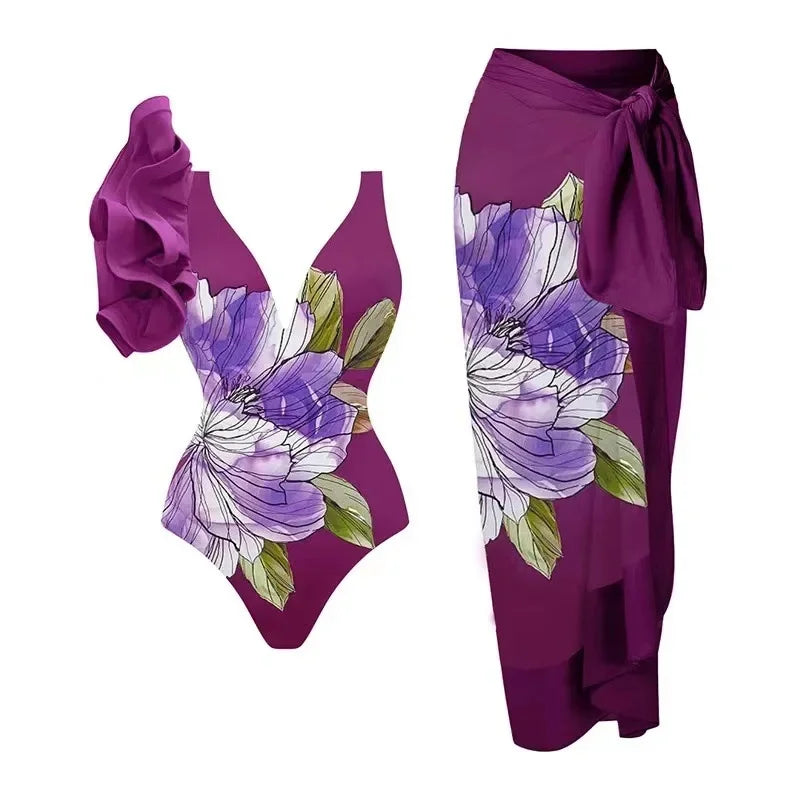 Conservative Bikini One-Piece Swimsuit with Beach Skirt Shantung Wrap for Hot Springs Women's Fashion Swimming Costume