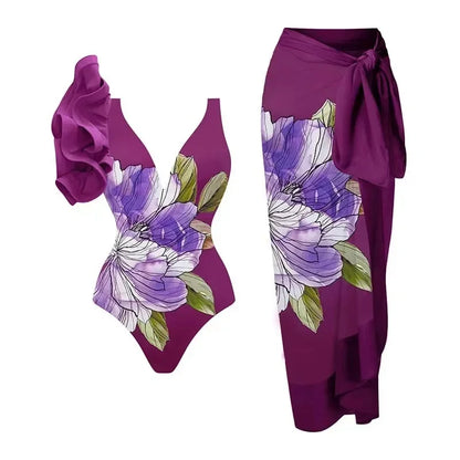 Conservative Bikini One-Piece Swimsuit with Beach Skirt Shantung Wrap for Hot Springs Women's Fashion Swimming Costume