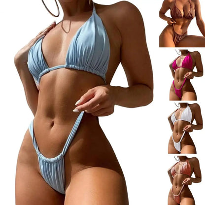 Women Bikini Set Low-cut Pleated Push Up Backless sexy hot girls Bikini Set Lace Up High Waist Halter Neck Bathing Suit Swimwear