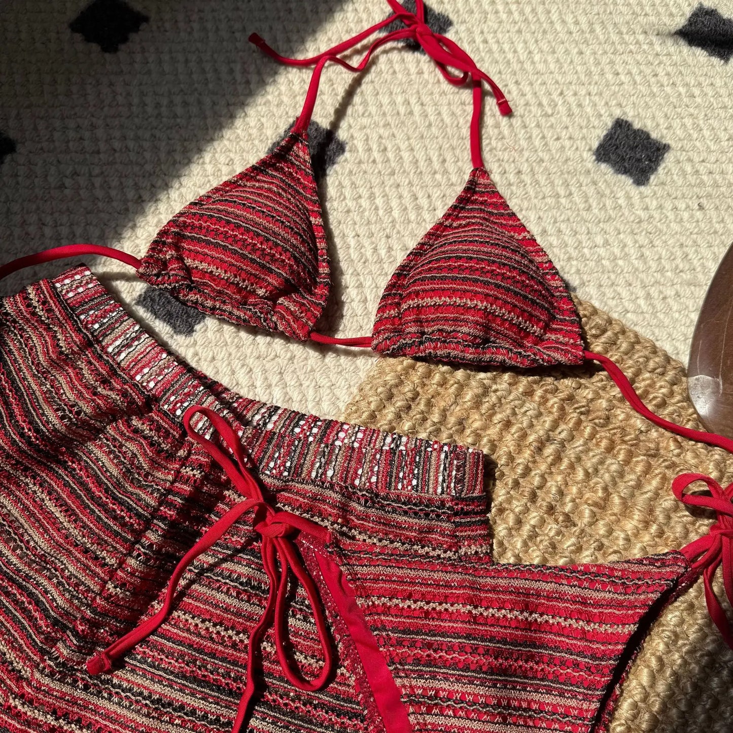 sexy knitted striped halter tie bikinis sets three pieces with shorts swimsuits beachwear bathing suit swimwear biquini tankini