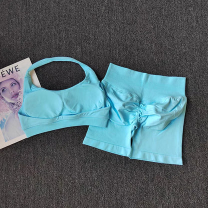 2 Pieces Yoga Suit for Women Seamless Fitness Gym Clothes Halter Sports Bra Matching Impact Shorts Workout Sets Gym Set Outfit