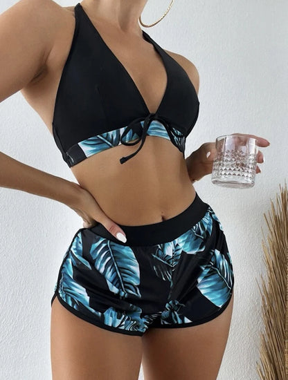 Women 2025 New Bikinis 6 Colors Sexy Halter Bikini 3 Piece Set Leafs Print High Waisted Swimsuit Beach Bathing Suit Size S-XXL