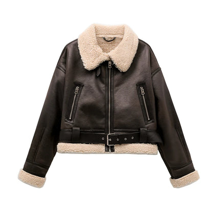 RARF 2024 New Woman's Fashion Thick Warm Faux Shearling Jacket Coat Vintage Long Sleeve Belt Hem Female Outerw