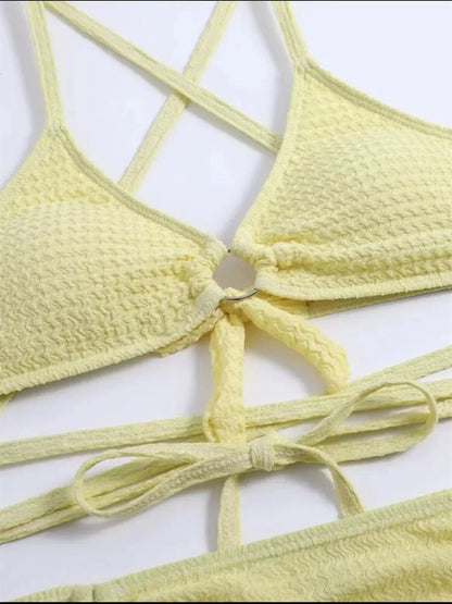 Sexy Yellow Bikini Women Solid Halter Ring Linked Criss Cross Cover Up 3 Piece Swimsuit 2025 Bathing Suit Ruffles Skirt Swimwear