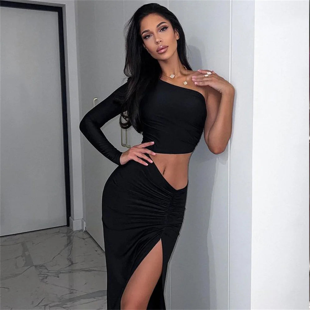 CNYISHE One Shoulder Cut Out Split Ruched Maxi Dress for Women Elegant Party Prom Gown Dresses Woman Sexy Birthday Outfits Robes