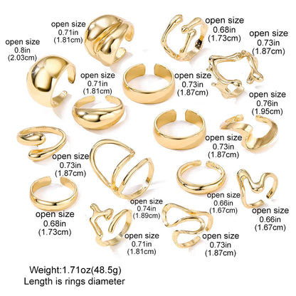 15Pcs/Set Exaggerated Metal Irregular Lines Water Droplet Smooth Rings for Women Men Punk Retro Boho Fashion Jewelry Gift