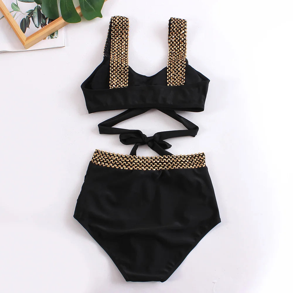 Cross High Waist Bikinis 2025 Women Black Swimwear Solid Swimsuit Female Beachwear Summer Bathers Bathing Suit Swimming