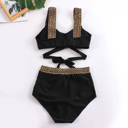 Cross High Waist Bikinis 2025 Women Black Swimwear Solid Swimsuit Female Beachwear Summer Bathers Bathing Suit Swimming