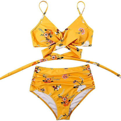 Hot 12 Colors Women Slim Bikini Sets High Waisted Sexy Swimwear 2 Pieces 2025 Solid/Floral Ruched Brazilian Swimsuit Cross Front