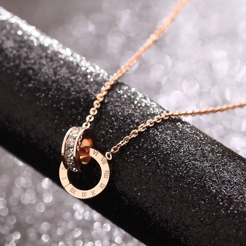 L91 new titanium steel rose gold square diamond Roman numeral double-buckle short necklace