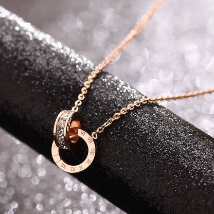 L91 new titanium steel rose gold square diamond Roman numeral double-buckle short necklace