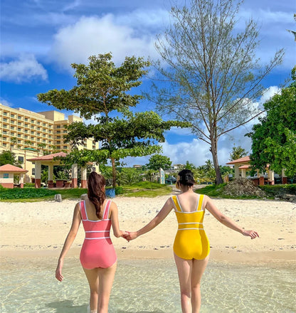 2024 Korean Fashion Swimwear Cute Candy Solid Color Strap High Waist Bandeau Bodysuit Women's Slim Bikini One Piece Swimsuit