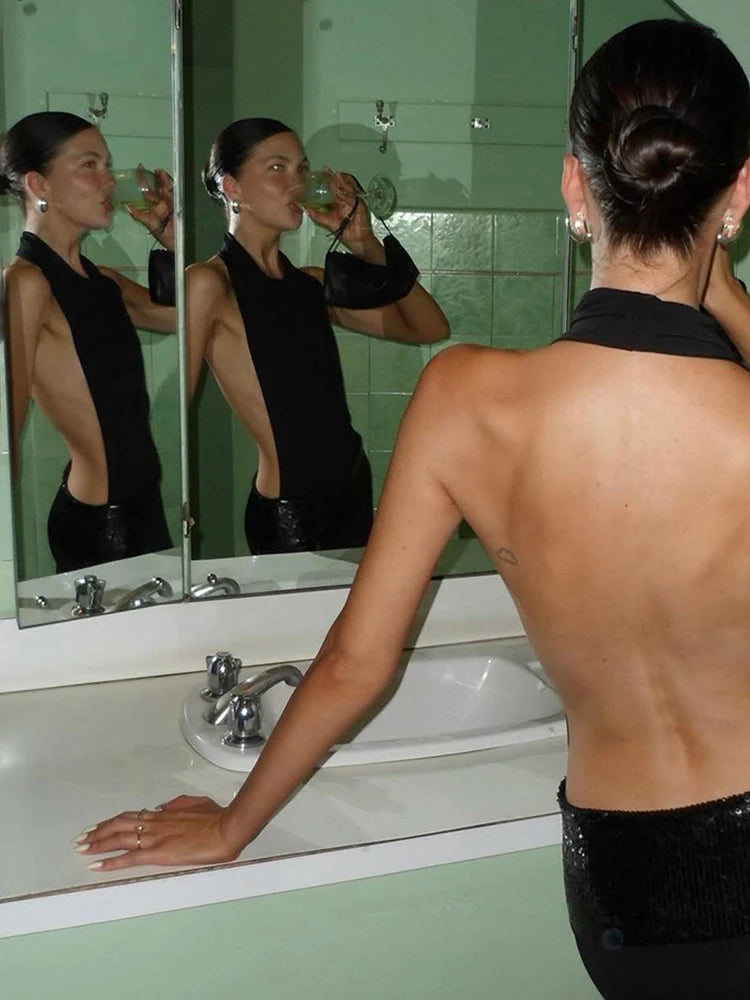 Sisterlinda Backless Fashion Dresses Elegant Halter Patchwork Draped Maxi Bodycon Female Solid Simple Evening Party Frock New