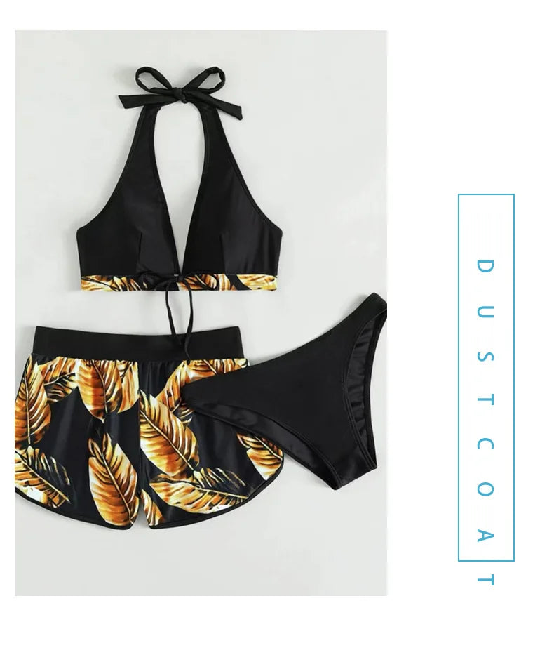 Women 2025 New Bikinis 6 Colors Sexy Halter Bikini 3 Piece Set Leafs Print High Waisted Swimsuit Beach Bathing Suit Size S-XXL