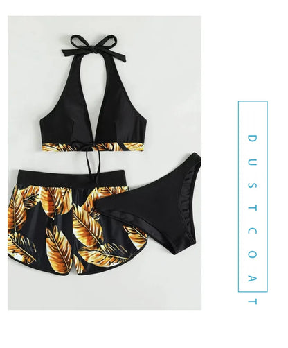 Women 2025 New Bikinis 6 Colors Sexy Halter Bikini 3 Piece Set Leafs Print High Waisted Swimsuit Beach Bathing Suit Size S-XXL