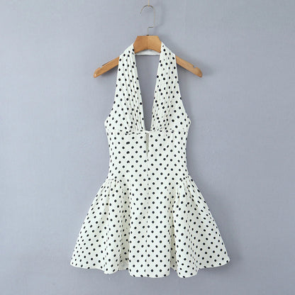 YENKYE French Style Retro Polka Dot Deep V Halter Dress Women Sexy Backless A-line Slim Sweet Elegant Mini Dresses Summer Robe