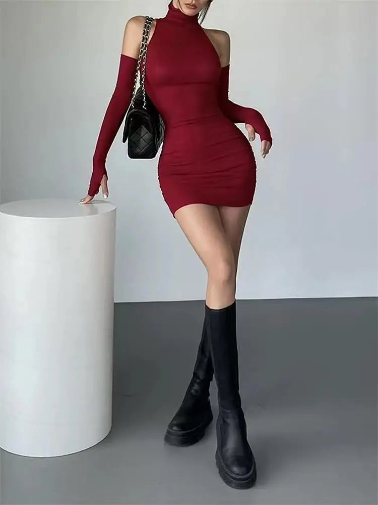 Ruched Bodycon Dress Women Turtleneck Mini Dresses With Sleeves Autumn Black Skinny Stretchy Party Vestidos Fashion Y2K Clothing