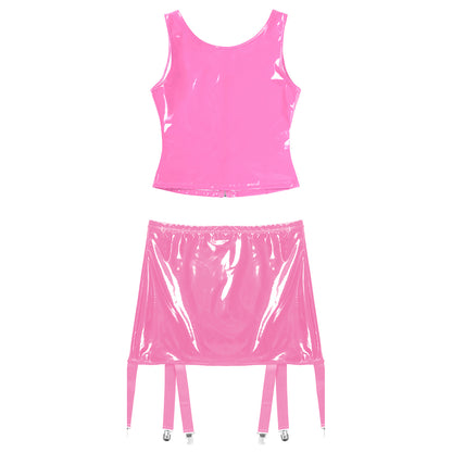 Womens Wet Look Patent Leather Lingerie Two Piece Set U Neck Zipper Tank Top with High Waist Garter Skirt Club Party Costume